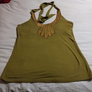APOSTROPHE  HALTER TOP TIES TO THE BACK OF NECK  OLIVE GREEN WITH A GOLD BEADED